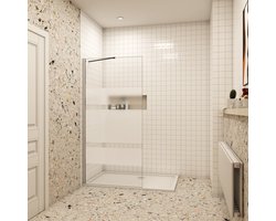 Inloopdouche van 80x195cm, 6 mm dik, gemakkelijk schoon te maken, gehard matglas met zijdedrukmotief, antikalk, stabilisatiestang 50cm (verstelbaar), matzwart aluminium profiel.