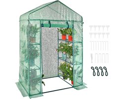 Inloopkas, 4,6 x 2,4 x 6,7 ft met planken, snelle montage, zeer sterk PE-oppervlak, deuren en ramen, stalen frame voor planten en opslag, groen