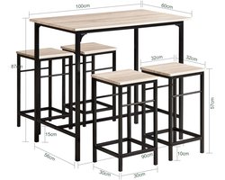 Innovastore Bartafel 5 delig - Bartafel - Bistrotafel met 4 stoelen - Zitgroep - Keuken,Eetkamer - Houten structuurblad - Metalen onderstel - Ronde hoeken - Tafel 100x60x87cm - Stoel 32x32x57