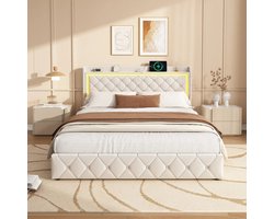 Innovastore Bed - Gestoffeerd bed - Tweepersoonsbed - Tweepersoonsbedframe - Opbergbed - 160x200cm - Fluweel - LED - USB - Beige