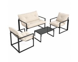 Innovastore Tuinset - Tuinzitgroep - Tuinmeubelset - Tuinstoel - Tuinbank - Tuintafel - 4-delige set - 3 kussens -Zwart -