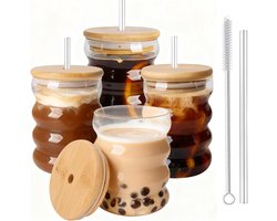 Inovra - 4-pack drinkglazen voor cocktails, 11oz/320ml vintage gegolfd glas bekers, glazen ijskoffie glas bekers glaswerk met deksels en houten deksels voor bier, water, cocktail, whisky, sap