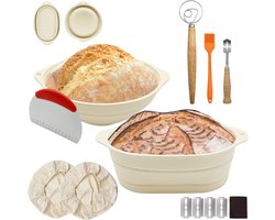 Inovra ® brood, siliconen gaarmand, ovaal en rond, opvouwbaar zuurdeeg, startset met bakkersmes, kwast, linnen hoes, garde, schraper, brood, accessoires, beige
