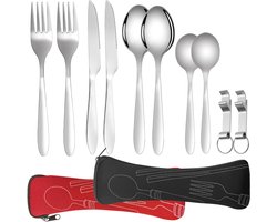 Inovra ® Complete Draagbare Roestvrijstalen Bestekset voor Camping en Reizen - 12-Delig voor Twee Personen in Zwart en Rood