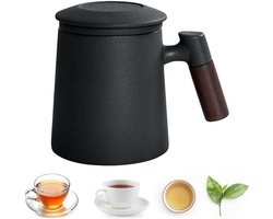 Inovra - Keramische Mok Met Filter en Deksel, 400 ml - Houten Handvat - Theekop Geschenkdeel - Keramische Beker Deksel - Zwarte Theekop - Thuis en Kantoor Gebruik