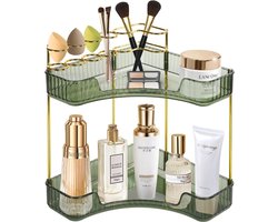 Inovra ® Make-up cosmetische opslag: 2 lagen groene badkamerorganizer hoek make-uporganizer verstelbare kwastenorganizer multifunctionele cosmetische plank voor kaptafel cadeau-idee