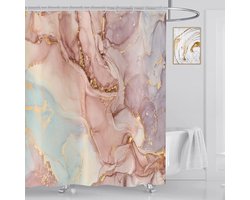 Inovra ® Marmer douchegordijn 180 x 200 cm, lichte luxe marmeren textuur oranje paars goud modern badkamer douchegordijnen wasbaar polyester textiel waterdicht douchegordijn voor badkuip met 12 douchegordijnen haken
