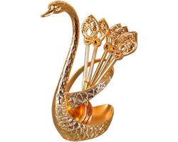 Inovra - Metalen Dessertlepels 6 Stuks Zinklegering - Set van Lepels met Lepelhouder in Zwanenvorm - Creatieve Serviesset voor Desserts en IJs - Gouden Lepelset