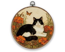 Inovra- Muurkunst Ronde Vorm 26 cm - Wanddecoratie Hout Natuurlijk - Wanddecoratie Metalen Frame - Wanddecoratie Tuin - Wanddecoratie Woonkamer - Uniek Ontwerp met Kattenstijl