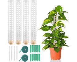 Inovra Plus - 4-delige set 24 cm mossen paal voor Monstera planten met etiketten - wit - klimhulp voor kamerplanten - inclusief draaibanden
