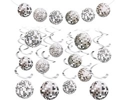 Inovra Plus - Decoratie set: 36 stuks discoballen en feestslangen - Zilveren discodecoratie voor hippie themafeest - Hangende spiralen en slingers voor feestplafond - Discofeestdecoratie banner met wervels