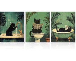 Inovra Plus - Grappige Kat Badkamer Kunst Aan De Muur - Vintage Zwarte Kat Art Prints - Badkamer Toilet Inrichting 20X25 cm - Niet Ingelijst