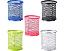 Inovra Plus - Mesh metalen pennenhouder 5 stuks - Bureau pennenhouder - Opberger voor kantoor en school - Cosmetica en briefpapier opbergen - Roze, groen, blauw, zilver - Ruime pennenpot