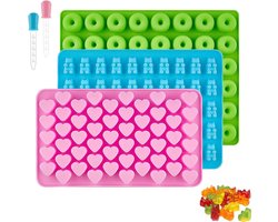 Inovra Plus - Rubberen beertjesvorm siliconen vormen set voor snoep en chocolade - 3 stuks hartvormige gummibeertjes - inclusief 2 pipetten