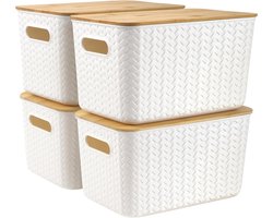 Inovra Plus - Set van 4 Grote Opbergdozen met Deksel - Bamboe Deksel - Kunststof Mand - Decoratieve Organisatieboxen voor Bureaublad & Kantoor - Stapelbare Opbergdozen met Deksel