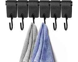 Inovra Plus - Set van 6 Zwart Metalen S Haken met Leren Lus | Jashaken voor Kledingrek en Keuken/Badkamer