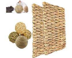 Inovra Plus - Speelgoed voor Dieren Activiteit - Natuurlijke Gras Matten en Veilig Eetbaar Konijnen Beddengoed - 2-Pack Chew Toys - Hand Geweven - Konijn & Hamster - Kleine Dieren - Inclusief Rotan Ballen