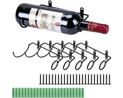 Inovra Plus - Wandgemonteerde IJzeren Wijnfleshouders voor Rode Wijn - Drankfles Displayhouder Metaal - Hangend Wijnrek Drankorganizer - Flessenopberghouder met Linkse Mond - Set van 6 Stuks