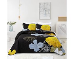 Inovra ® Sprei 240 x 260 cm, geelachtig zwart, bedsprei, zachte zomerdeken, gewatteerde deken voor tweepersoonsbed, microvezel, dekbed met 2 kussenslopen, 48 x 75 cm