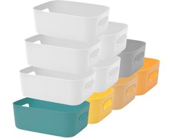 Inovra ® Verpakking van 10 plastic opbergdozen, stapelbare opbergorganizermanden met handgrepen voor keuken, kast, kantoor, badkamer, speelgoed, thuis. Opgeruimde open opbergbakken met handgrepen