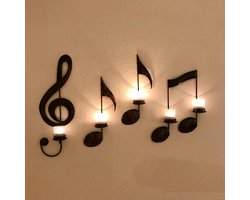 Inovra ® Zwart metalen wandkandelaar, set van 4 muzieksymbolen, kaarsenhouder, wandmontage, kaarsenhouder voor muurpad, woondecoratie