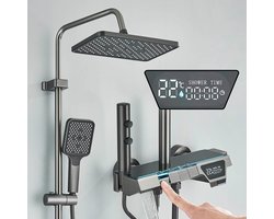 Inrichtbare muurdouche met hoofddouche, douchepom, piano knoppen, douchesysteem met weergave van temperatuur en uur, bidetstraal met 2 modi, douche 3
