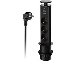 Inschuifbaar Stopcontact Met USB-C – 3-voudig Tafelstopcontact Voor Keuken of Bureau, Inbouwmodel Met 1,8 m Kabel