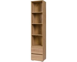InspireMe -  Boekenkast, vakkenkast met twee lades, Boekenrek, rek, opbergrek met 4 niveaus, boekenplank (BxDxH 45x34x204) M01 Moon (Riviera Eik)