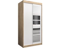 InspireMe - Kledingkast met 2 schuifdeuren, Modern-stijl, Een kledingkast met planken en een spiegel (BxHxD): 100x200x62 - VENEZIA I 100 Sonoma Eik + Wit Mat