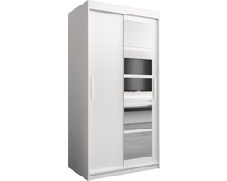 InspireMe - Kledingkast met 2 schuifdeuren, Modern-stijl, Een kledingkast met planken en een spiegel (BxHxD): 100x200x62 - VENEZIA I 100 Wit Mat