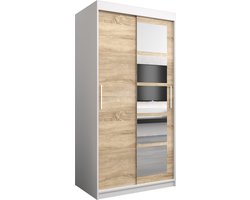 InspireMe - Kledingkast met 2 schuifdeuren, Modern-stijl, Een kledingkast met planken en een spiegel (BxHxD): 100x200x62 - VENEZIA I 100 Wit Mat + Sonoma Eik