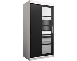 InspireMe - Kledingkast met 2 schuifdeuren, Modern-stijl, Een kledingkast met planken en een spiegel (BxHxD): 100x200x62 - VENEZIA I 100 Wit Mat + Zwart