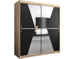 InspireMe - Kledingkast met 2 schuifdeuren, Modern-stijl, Een kledingkast met planken en een spiegel (BxHxD): 180x200x62 - TOTO 180 Sonoma Eik + Zwart Mat