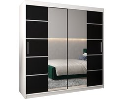 InspireMe - Kledingkast met 2 schuifdeuren, Modern-stijl, Kledingkast met planken (BxHxD): 200x200x62 - VENTILA IV 200 Wit Mat + Zwart