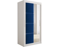 InspireMe - Kledingkast met 2 schuifdeuren, Modern-stijl, Kledingkast met planken, Kastfronten met spiegel en gestoffeerde panelen (BxHxD): 100x200x62 - TAPILA 100 - Wit Mat + Blauw met 2 lades