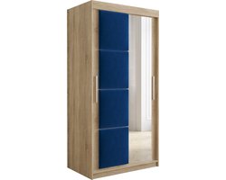 InspireMe - Kledingkast met 2 schuifdeuren, Modern-stijl, Kledingkast met planken, Kastfronten met spiegel en gestoffeerde panelen (BxHxD): 100x200x62 - TAPILA 100 - Sonoma Eik + Blauw met 2 lades