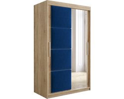 InspireMe - Kledingkast met 2 schuifdeuren, Modern-stijl, Kledingkast met planken, Kastfronten met spiegel en gestoffeerde panelen (BxHxD): 120x200x62 - TAPILA 120 - Sonoma Eik + Blauw