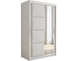 InspireMe - Kledingkast met 2 schuifdeuren, Modern-stijl, Kledingkast met planken, Kastfronten met spiegel en gestoffeerde panelen (BxHxD): 120x200x62 - TAPILA 120 - Wit Mat + Wit met 2 lades