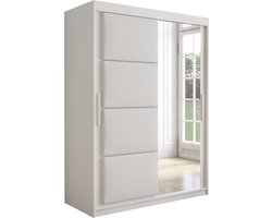 InspireMe - Kledingkast met 2 schuifdeuren, Modern-stijl, Kledingkast met planken, Kastfronten met spiegel en gestoffeerde panelen (BxHxD): 150x200x62 - TAPILA 150 - Wit Mat + Wit
