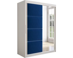InspireMe - Kledingkast met 2 schuifdeuren, Modern-stijl, Kledingkast met planken, Kastfronten met spiegel en gestoffeerde panelen (BxHxD): 150x200x62 - TAPILA 150 - Wit Mat + Blauw