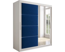 InspireMe - Kledingkast met 2 schuifdeuren, Modern-stijl, Kledingkast met planken, Kastfronten met spiegel en gestoffeerde panelen (BxHxD): 180x200x62 - TAPILA 180 - Wit Mat + Blauw