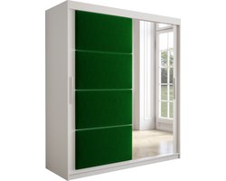 InspireMe - Kledingkast met 2 schuifdeuren, Modern-stijl, Kledingkast met planken, Kastfronten met spiegel en gestoffeerde panelen (BxHxD): 180x200x62 - TAPILA 180 - Wit Mat + Groente