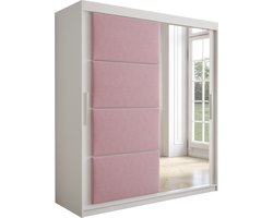 InspireMe - Kledingkast met 2 schuifdeuren, Modern-stijl, Kledingkast met planken, Kastfronten met spiegel en gestoffeerde panelen (BxHxD): 180x200x62 - TAPILA 180 - Wit Mat + Roze