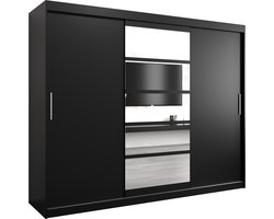 InspireMe - Kledingkast met 3 schuifdeuren, Modern-stijl, Een kledingkast met planken en een spiegel (BxHxD): 250x200x62 - VENEZIA I 250 Zwart Mat