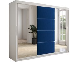 InspireMe - Kledingkast met 3 schuifdeuren, Modern-stijl, Kledingkast met planken, Kastfronten met spiegel en gestoffeerde panelen (BxHxD): 250x200x62 - TAPILA 250 - Wit Mat + Blauw