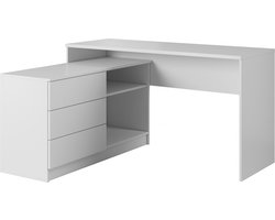 InspireMe- Modern bureau, tafel, hoektafel voor op kantoor, kinderkamer, spelletjes, computerbureau, werktafel - 3 laden - 2 planken - (138,2 cm - 76 cm - 50,4 cm) - WITO (wit)