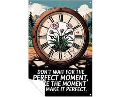 Inspirerende klok met bloemen - Tijd tuinprint - Tuinschilderijen klok - Surrealisme - Tuinaccessoires - Waterafstotende wanddecoratie - tuinposter 60x90 cm