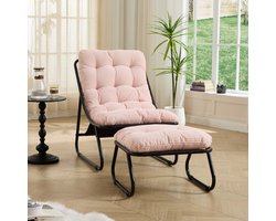 Intebik tuinstoel - Met voetenbankje - Loungestoel - Met kussen - Metalen frame - Loungestoel met voetensteun - Ergonomisch - Geschikt voor woonkamer, slaapkamer of kantoor - Rose