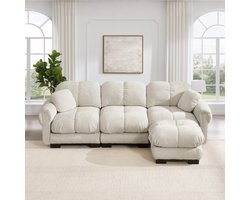 Intebiki bank - L-vormige hoekbank - 3 zits bank - fauteuil - bankstel - inclusief een verplaatsbare poef - chenille stof - 260x149x90 cm - licht kaki
