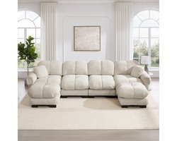 Intebiki bank - L-vormige hoekbank - 4 zits bank - fauteuil - bankstel - inclusief een verplaatsbare poef - chenille stof - 330x149x93 cm - licht kaki